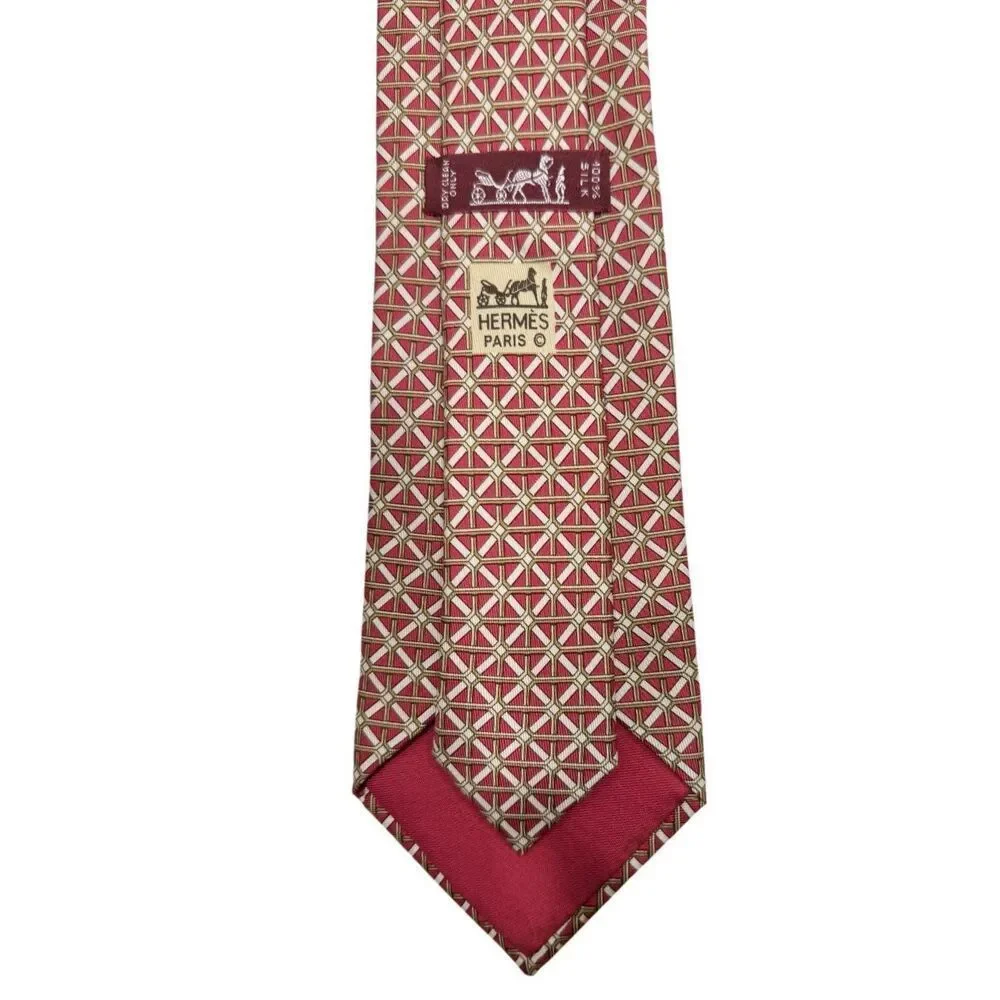 Hermes Men’s 100% Silk Tie France Red Geometric Pattern Career Dad Designer